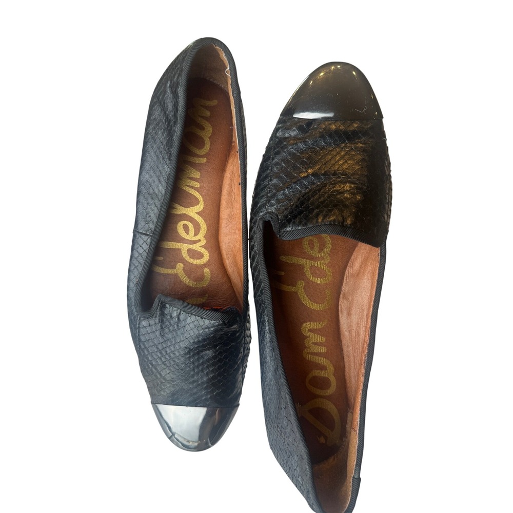 Sam Edelman Aster Black Snakeskin Patent Cap Toe Smoking Flat Loafers 6.5M